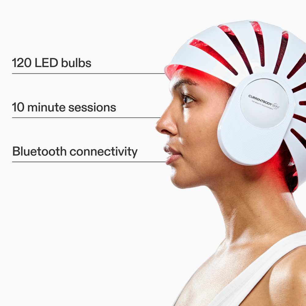 side view of the currentbody led helmet with 3 key features of the hair growth device
